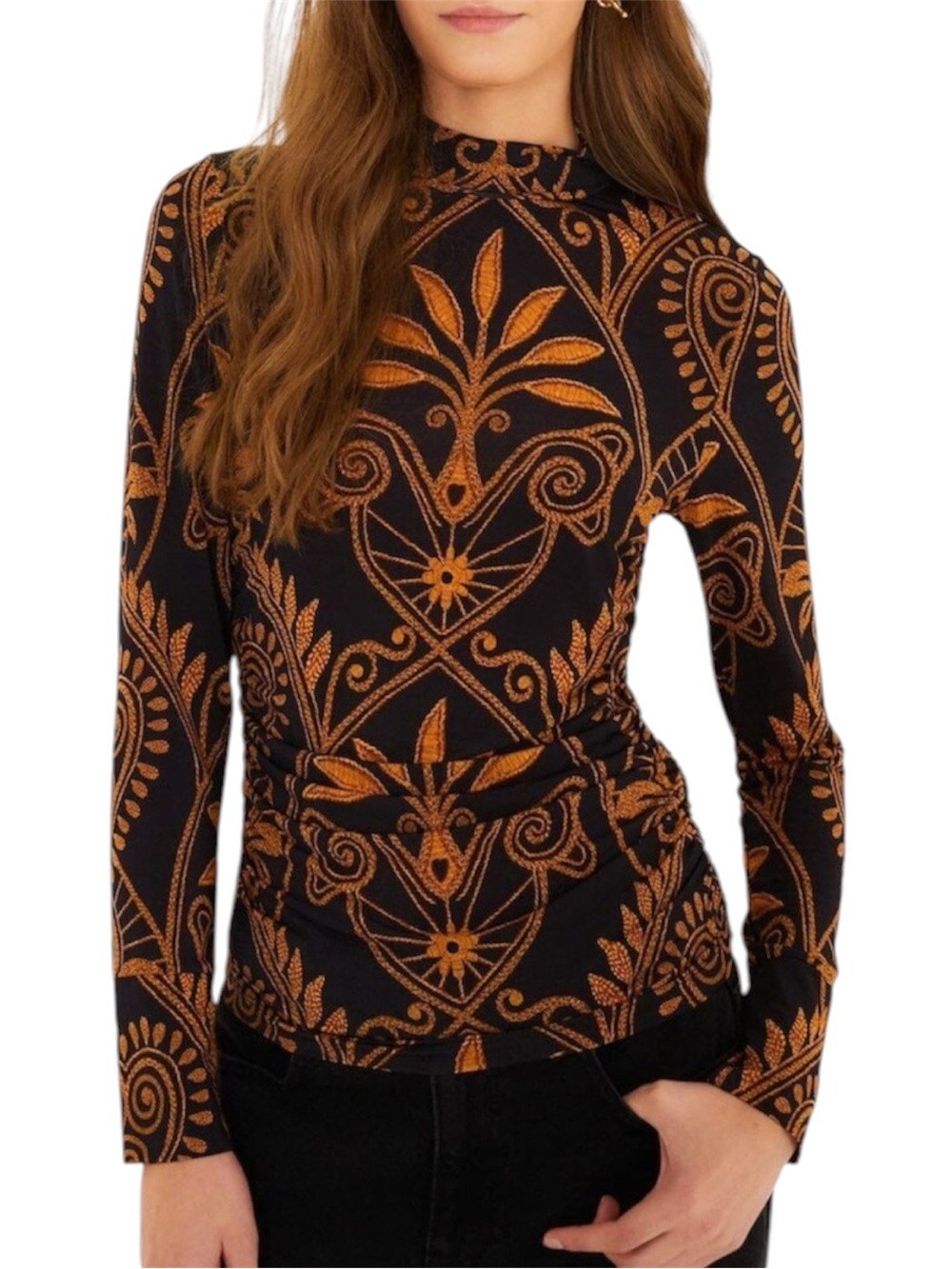 NWT Farm Rio Black Cornely Ainika Ruched Waist Jersey Blouse Womens Size Small